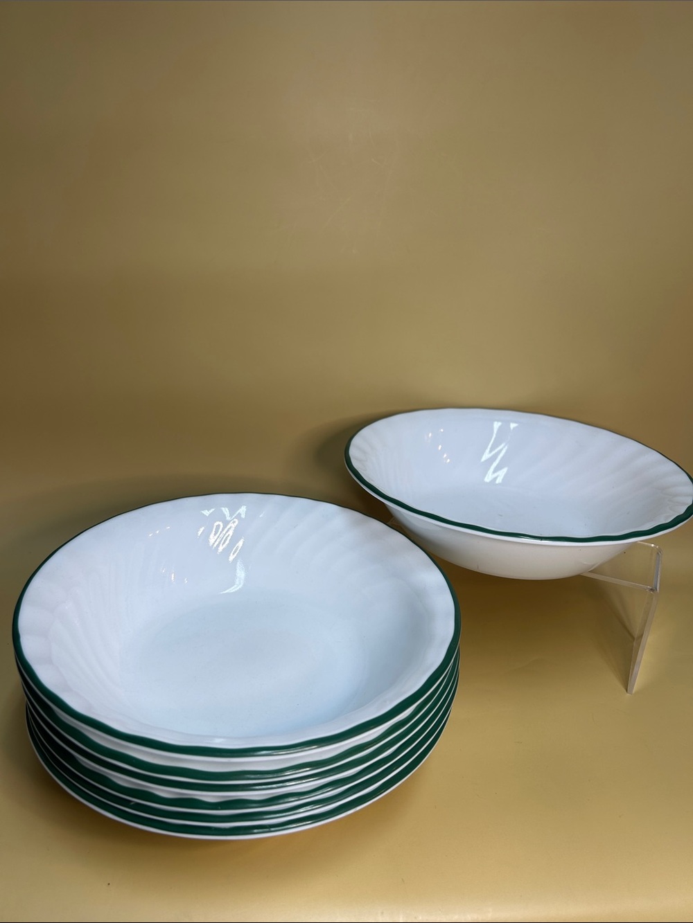 CALLAWAY IVY SWIRL Green by Corning Corelle Dinner Bowls with Green Rim - Set 7